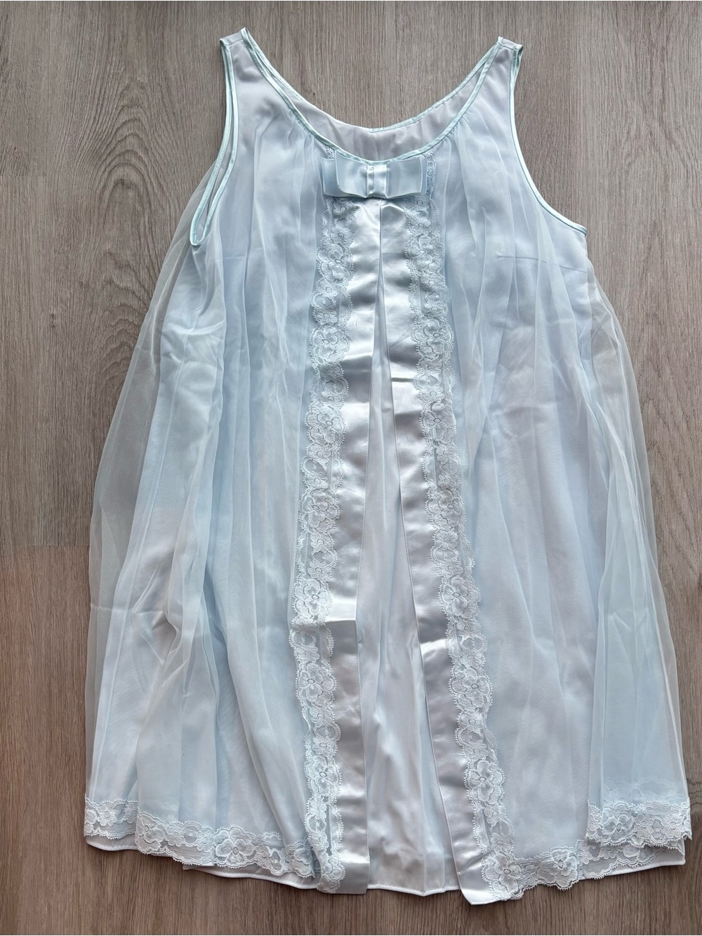 Vintage Light Blue Mesh Lace and Satin Trim Slip Dress Nightdress